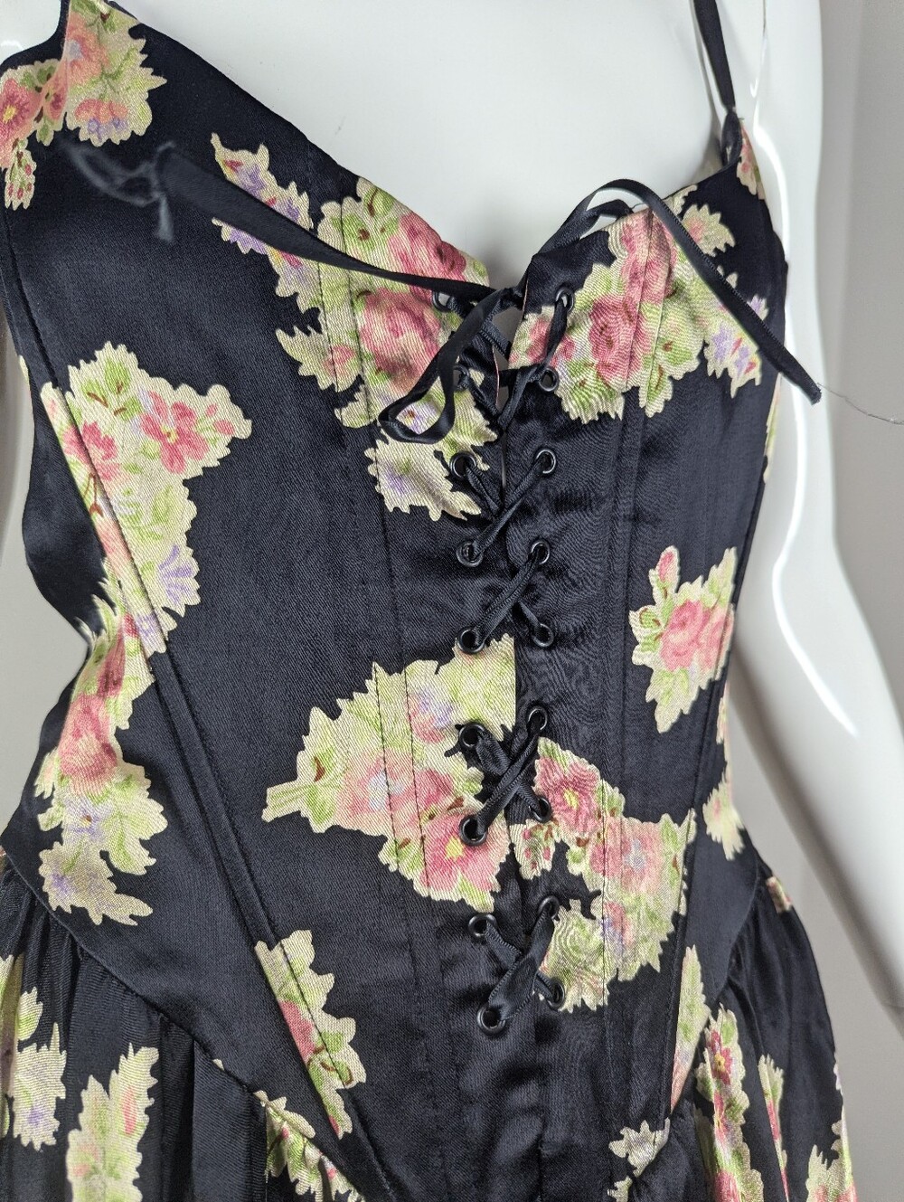 Vintage Betsey Johnson Floral Corset Mini Dress Made in USA Black Rose Lace Up M - Picture 13 of 16